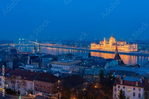 Night aerial view of Budapest cityscape with Hungarian Parliament Building