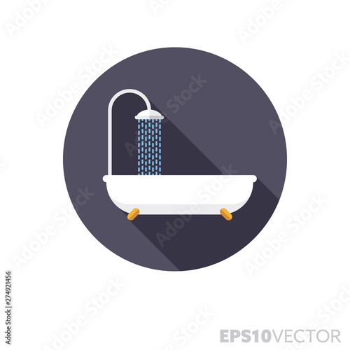bathtub with shower flat design long shadow color vector ico0n