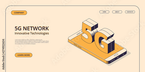 5G isometric concept - smartphone with big symbol of fifth generation of mobile network.