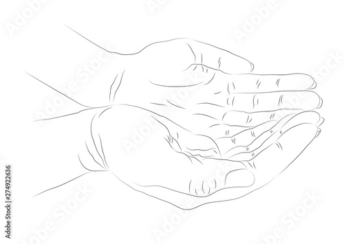Hope concept. Hand drawn open palms Black and white vintage hands. Vintage figure. Linear graphic design.