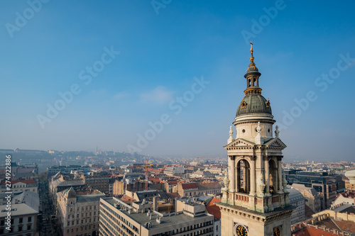 Tower of the St. Stephen's Basilica and aerial cityscape