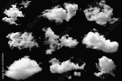 Set of clouds white fluffy on isolated elements black background.