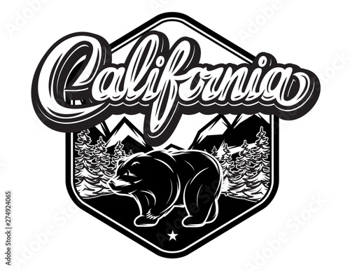 Illustration with California calligraphic lettering and bear