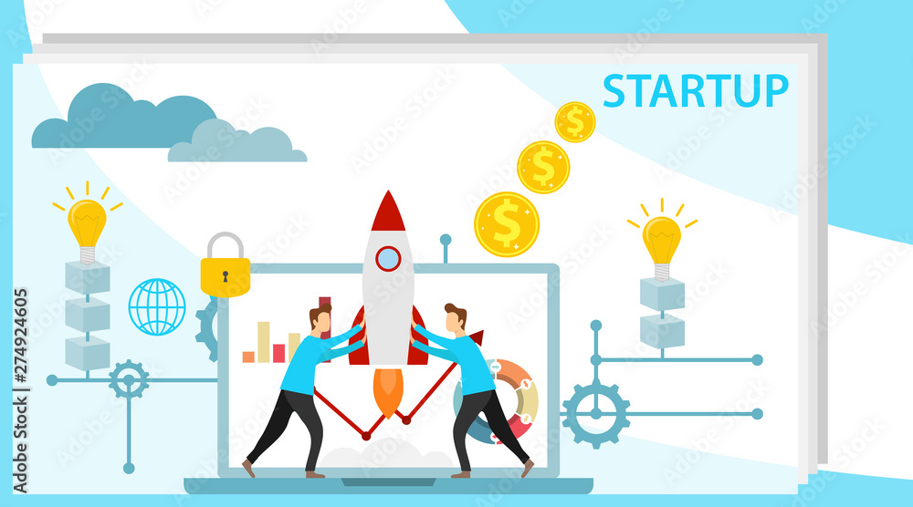 Startup concept. People are pushing up a rocket. Starting a business. The rocket takes off from a laptop. Vector illustration