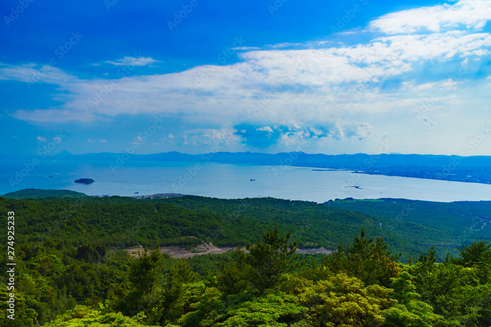 Kagoshima, Kagosima city / Japan - 2019.05.12 : landscape of Kinkowan bay and Kagoshima city  from Yunohira observation point in Kagoshima Japan 