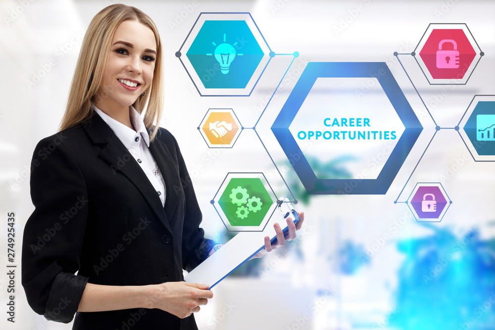 The concept of business, technology, the Internet and the network. A young entrepreneur working on a virtual screen of the future and sees the inscription: Career opportunities The concept of business, technology, the Internet and the network. A young entrepreneur working on a virtual screen of the future and sees the inscription: Career opportunities