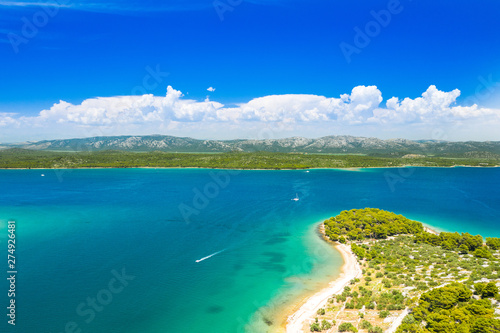 Marvelous Croatian sea landscape, Mediterranean coast, aerial view on Murter island, mountains in background