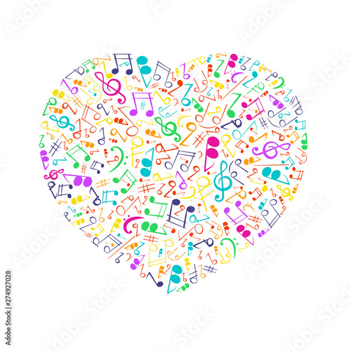 Shape of a heart with musical notes.
