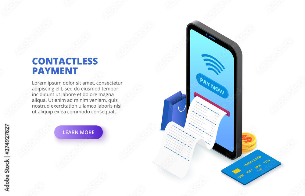 Contactless payment with phone and credit card. Isometric vector illustration. Landing page template for web. Contactless payment with phone and credit card. Isometric vector illustration. Landing page template for web.