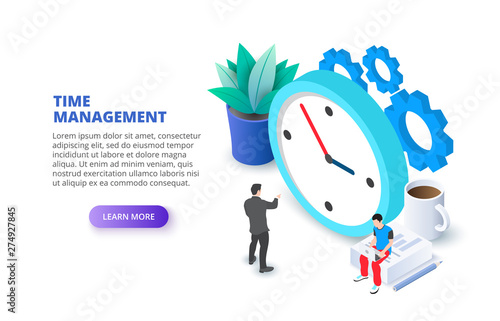 Time management with clock and gears. Isometric vector illustration. Landing page template for web.