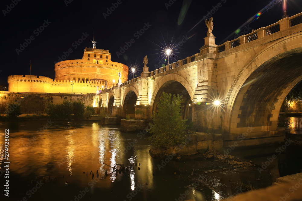 Castel St. Angelo and St. Angelo Bridge in the night Rome, Italy
