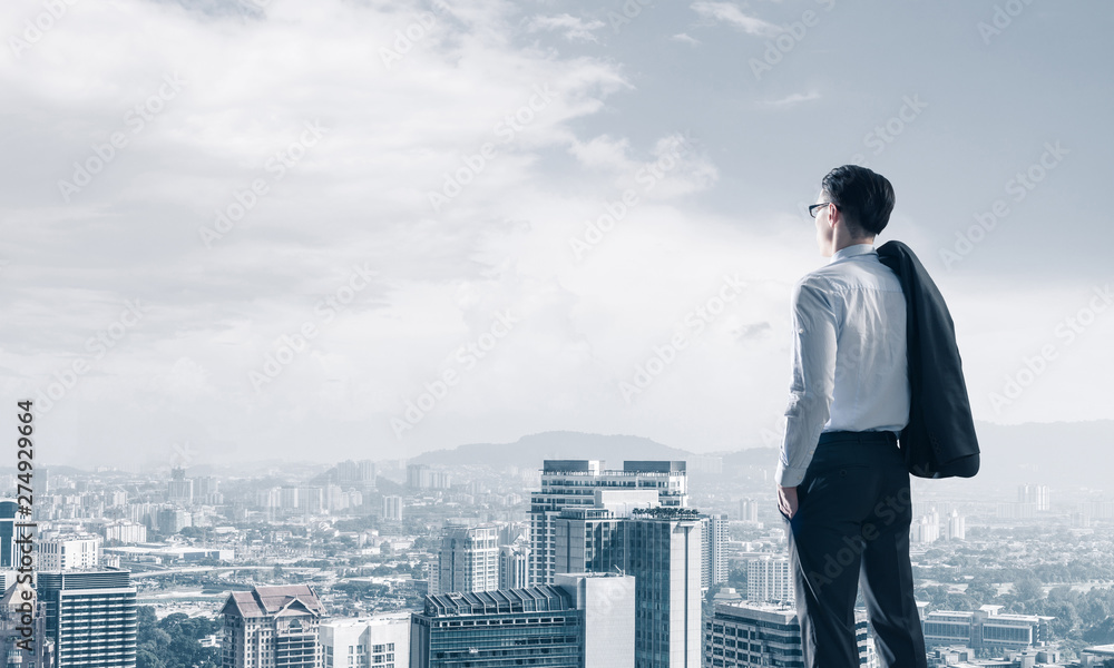 Concept of business success and control with confident boss against cityscape background Concept of business success and control with confident boss against cityscape background