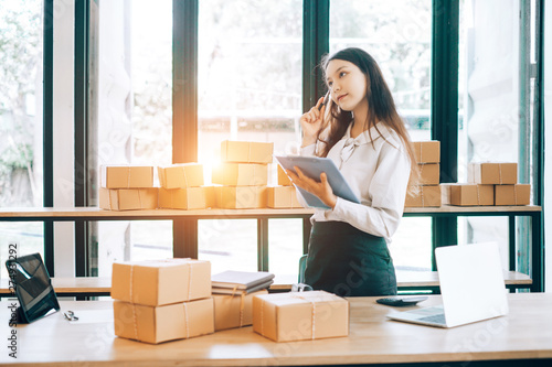 happy women checking order online business with laptop in home, online business concept, business online concept