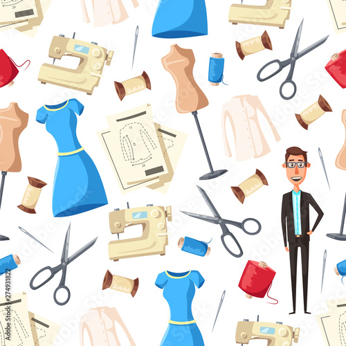 Tailor, sewing machine, needle, mannequins pattern