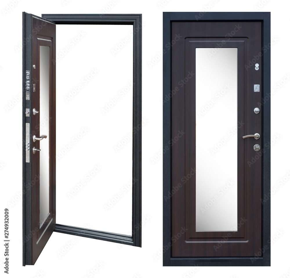Set of models of entrance metal doors isolated on white background Set of models of entrance metal doors isolated on white background