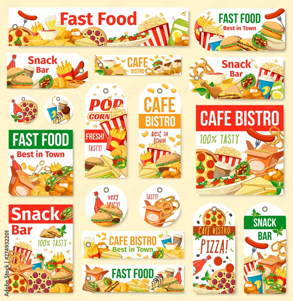 Fast food humburger, pizza, hot dog and soda tags