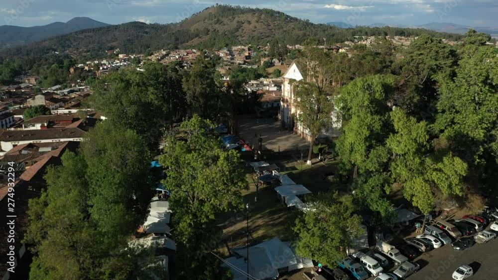 Aerial Drone View over a church in the colonial town of Patzcuaro, Michoacan, Mexico Aerial Drone View over a church in the colonial town of Patzcuaro, Michoacan, Mexico