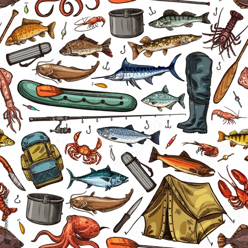 Fishing rod, fish, fisherman boat seamless pattern