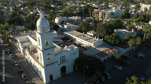 Aerial Drone View over the Sacred Heart Church and the downtown of Los Mochis, Sinaloa, Mexico photo