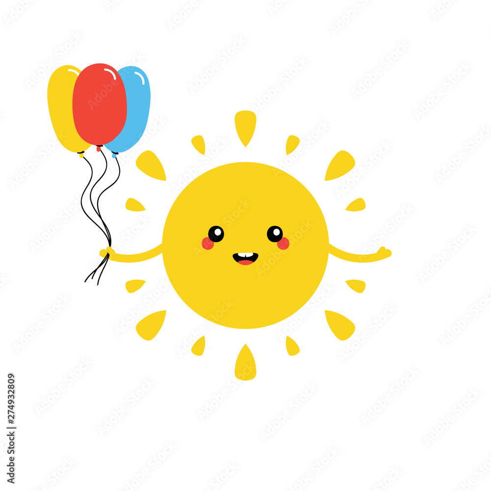 Cute cartoon vector sun character, smiling, holding a bunch of colorful balloons in hand, concept of summer kids holidays, summer camps or celebrating birthdays.
