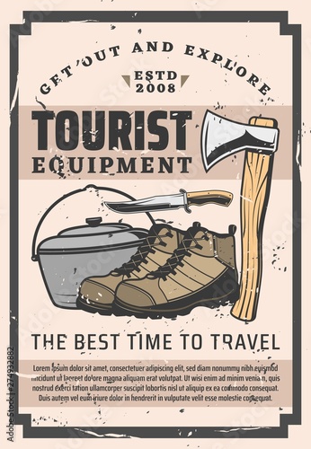 Tourist equipment, hikking boots, camp knife, pot