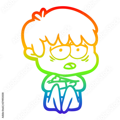 rainbow gradient line drawing cartoon exhausted boy