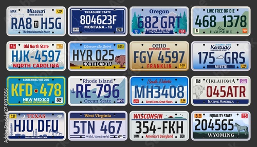 Car number plates of license registration in USA