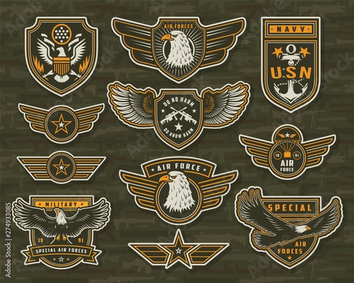 Vintage armed forces insignias and badges