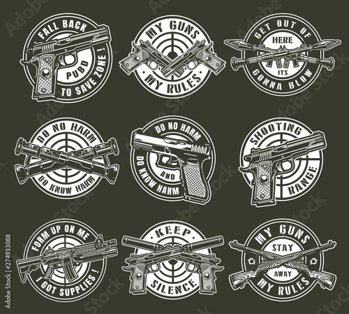 Vintage monochrome military weapons round emblems