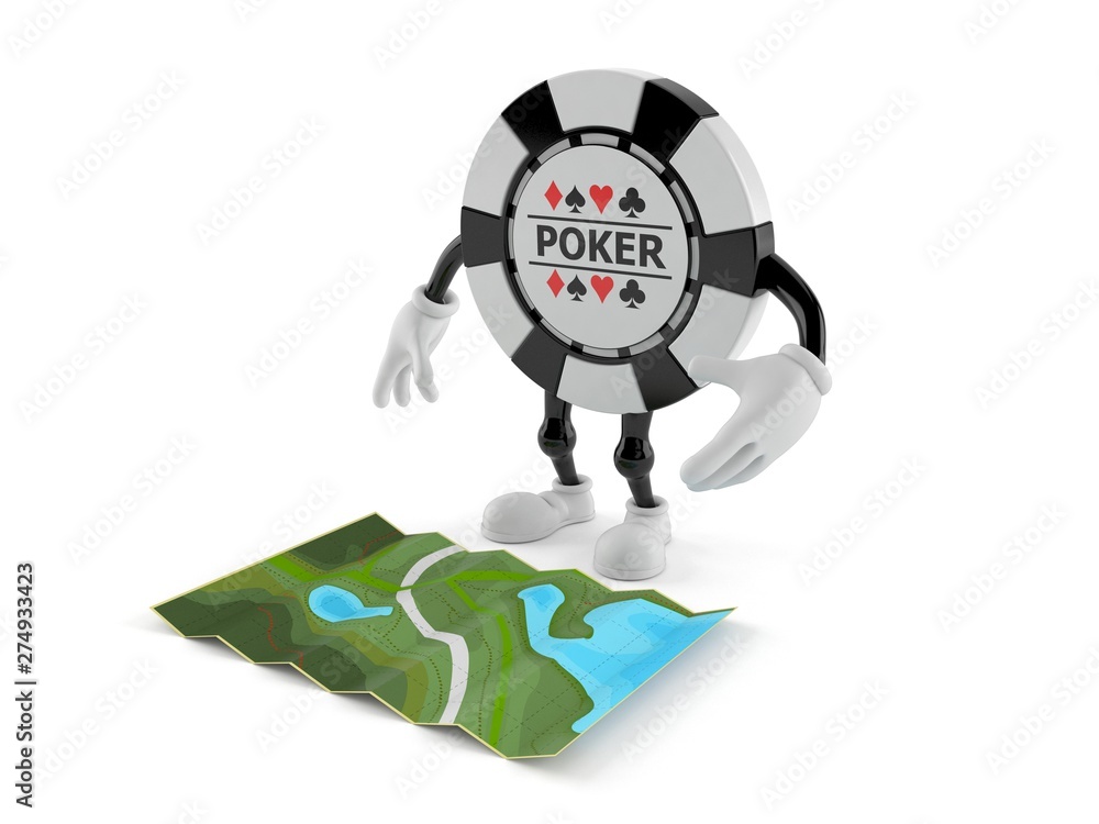 Fototapeta premium Gambling chip character looking at map