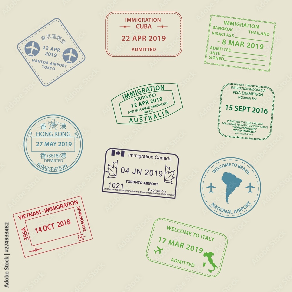 Set of International travel visas passport stamp icons for entering to  Australia, Thailand, Brazil, Canada, Cuba, Hong Kong, Indonesia, Vietnam  Stock Vector | Adobe Stock