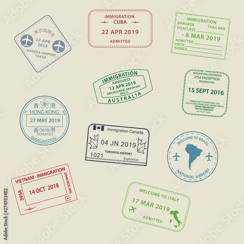 Set of International travel visas passport stamp icons for entering to Australia, Thailand, Brazil, Canada, Cuba, Hong Kong, Indonesia, Vietnam