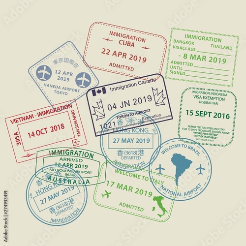 Set of International travel visas passport stamp icons for entering to Australia, Thailand, Brazil, Canada, Cuba, Hong Kong, Indonesia, Vietnam