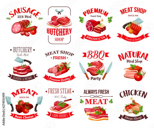 Meat, beef and pork sausages, ham, salami, chicken