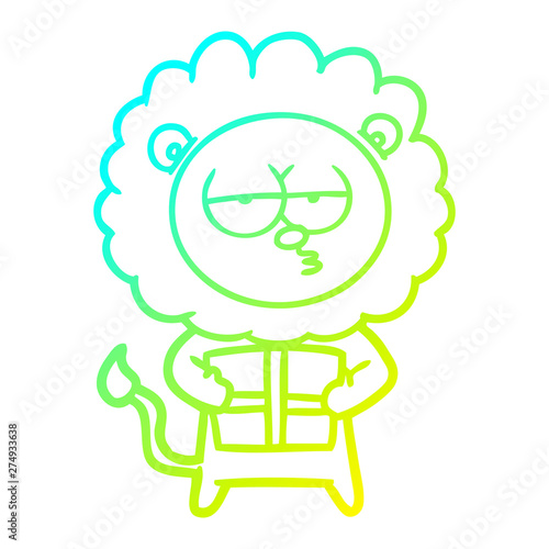 cold gradient line drawing cartoon bored lion with present