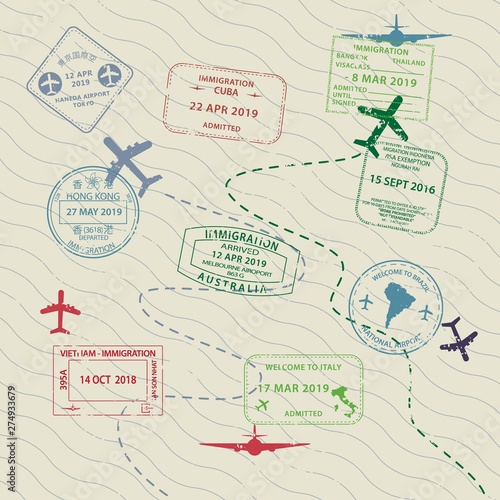 Set of International travel visas passport stamp icons for on traveller background