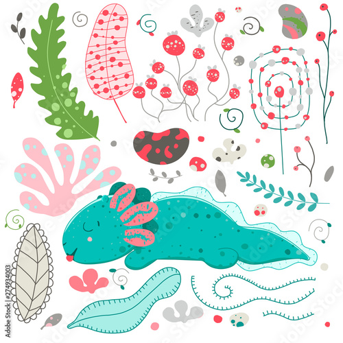 Cute Kawaii axolotl  baby amphibian drawing. Cute animal drawing  funny cartoon illustration. Flat style design. Ambystoma mexicanum