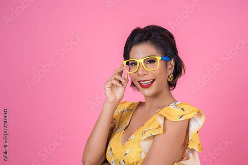 Portrait of Fashion woman action with sunglasses