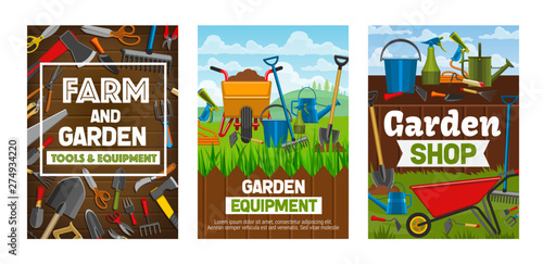 Gardening tools, rake, fork, shovel, wheelbarrow