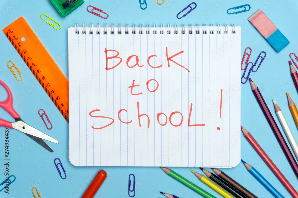 Back to school concept. School supplies on flat lay background. Copy space Back to school concept. School supplies on flat lay background. Copy space