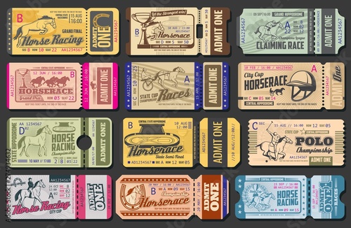 Horse racing, polo tickets. Racehorses and jockeys