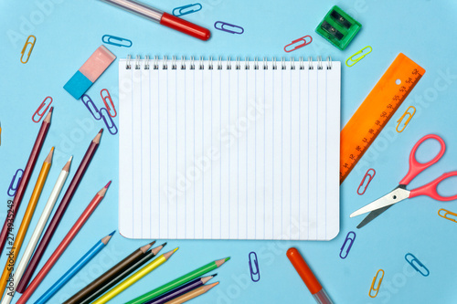 Back to school concept. School supplies on flat lay background. Copy space