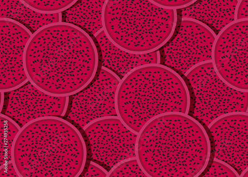 Dragon fruit slice seamless pattern overlapping with shadow, Red dragon fruit. Tropical exotic cactus fruits vector illustration.