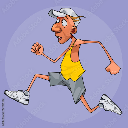 cartoon funny man in sportswear quickly runs