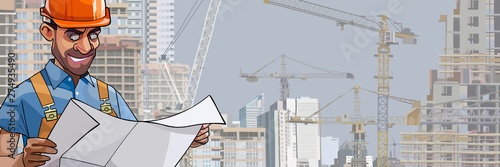 cartoon male builder engineer looks in the blueprints