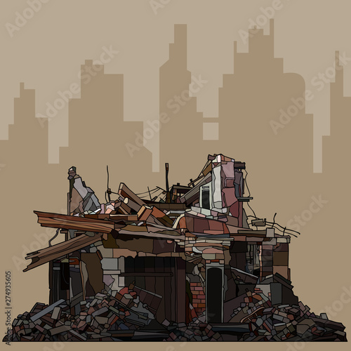 ruins of an old brick building on the silhouette of the city