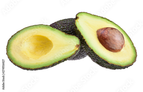 A pair of dark ripe avocados cut in half, on a neutral white background.