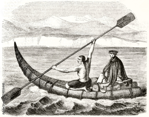 Ancient indigenous man rowing and carrying a rich person on canoe. Old illustration of Caballito de totora traditional Peruvian reed watercraft. By De lattre publ. on Magasin Pittoresque Paris 1848 photo