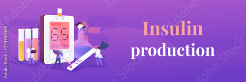 Medical laboratory research. Blood sample analysis. Tube lab testing. Disease diagnostics. Diabetes mellitus, Type 2 diabetes, insulin production concept. Header or footer banner template with copy