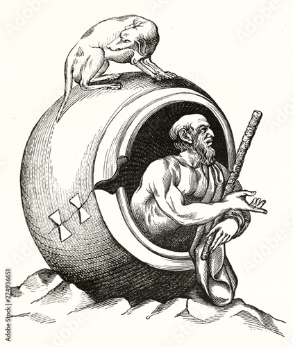 Old illustration depicting Diogenes, famous cinyc greek philosopher who lived in a ceramic jar. In this etching ther is a dog on top of the jar. Magasin Pittoresque Paris 1848